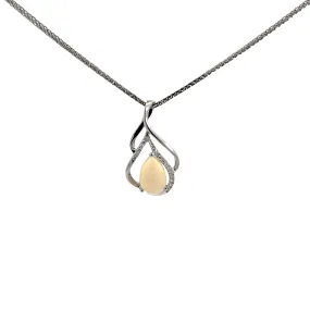 14k White Gold Natural Opal Tear Drop Necklace With Diamonds