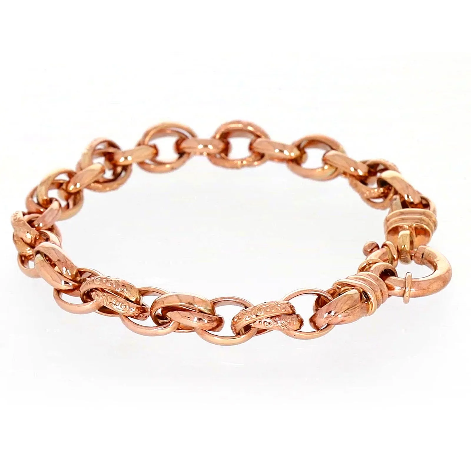 9ct Rose Gold Silver Filled 19cm Belcher Bracelet with Cubic Zirconia & Bolt Ring