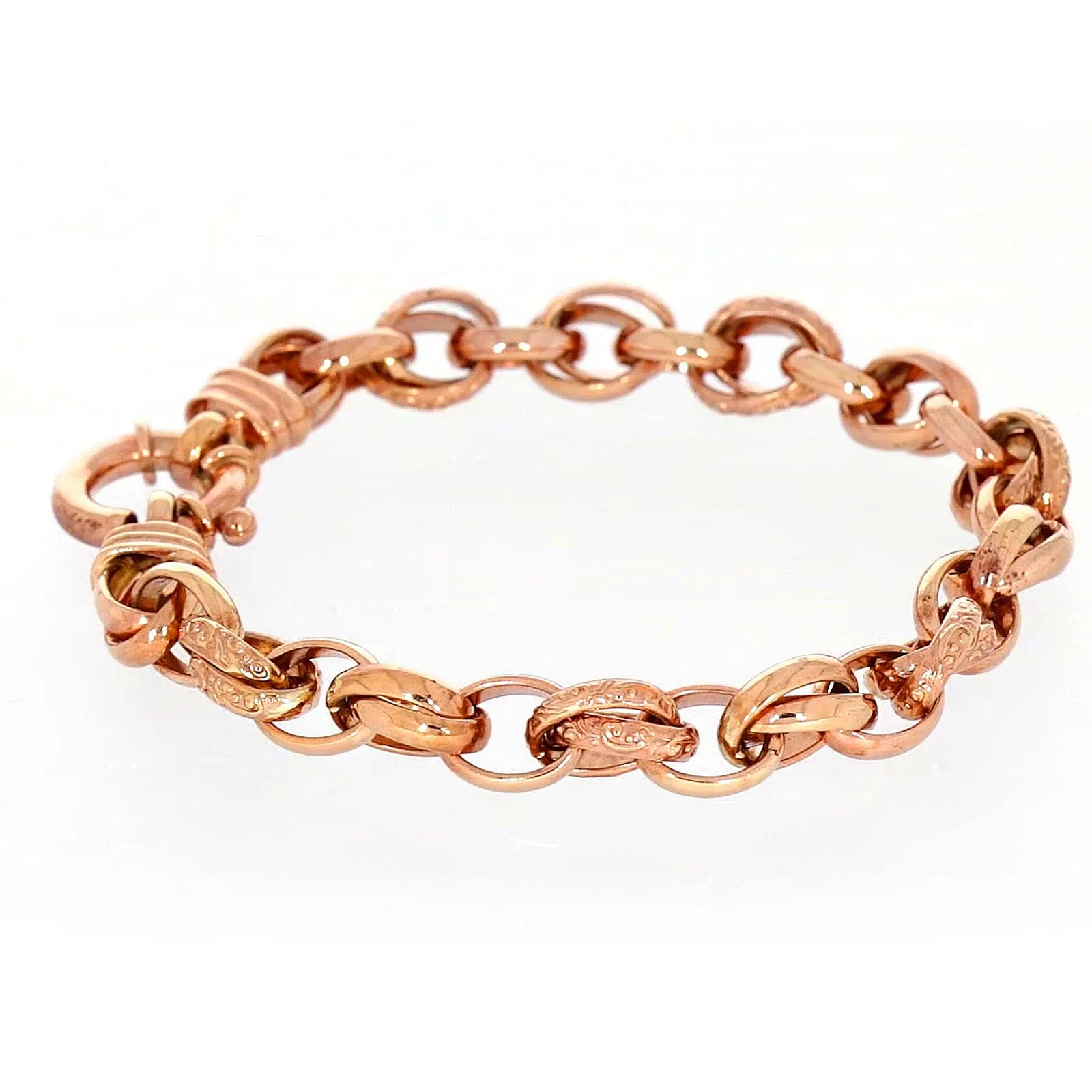 9ct Rose Gold Silver Filled 19cm Belcher Bracelet with Cubic Zirconia & Bolt Ring