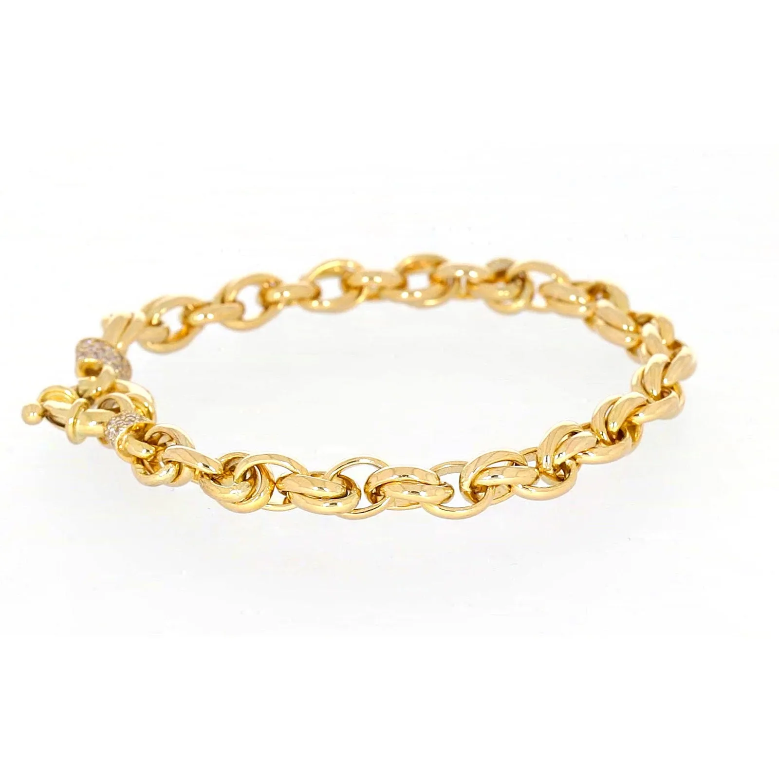 9ct Yellow Gold Silver Filled 19cm Belcher Bracelet with Cubic Zirconia & Bolt Ring