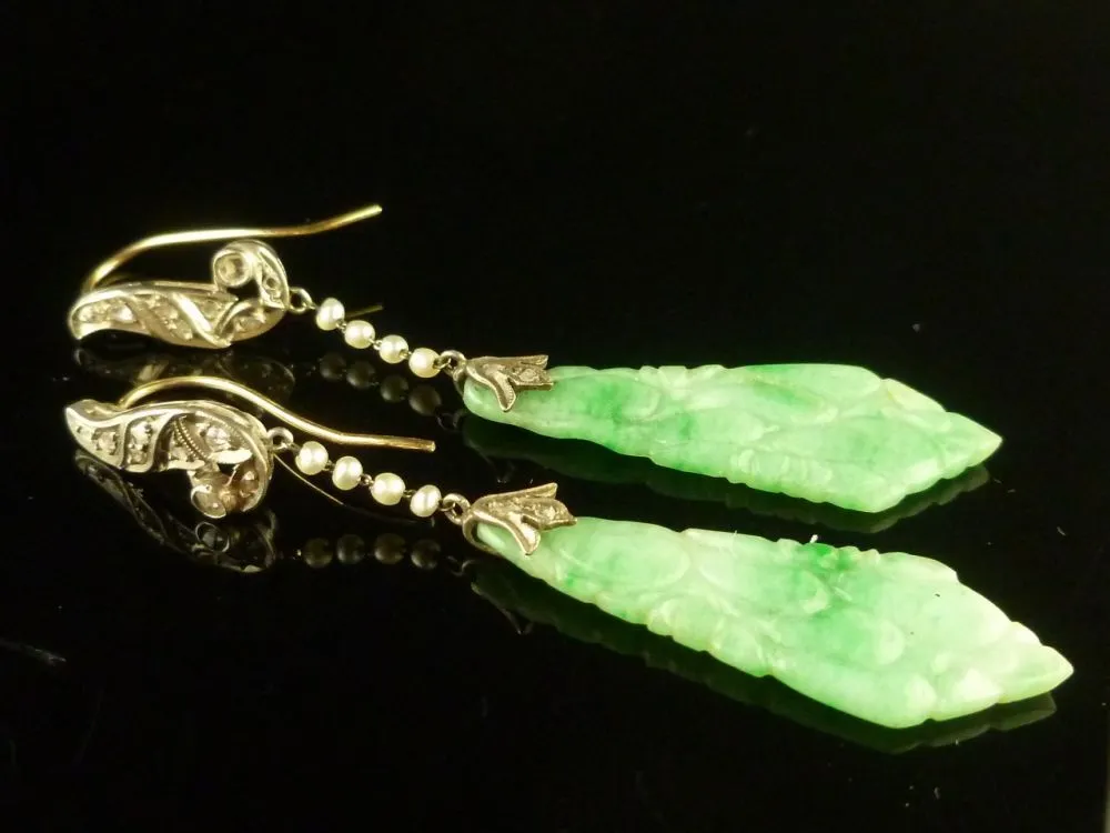Art Deco Long Jade Diamond & Pearl Earrings