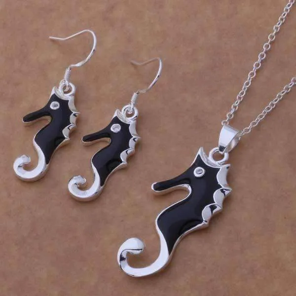 Black Beauty Silver Seahorse Matching Necklace and Earring Set