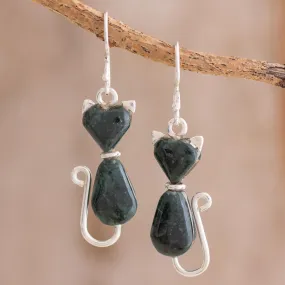 Cats of Love in Dark Green Jade Cat Dangle Earrings in Dark Green from Guatemala