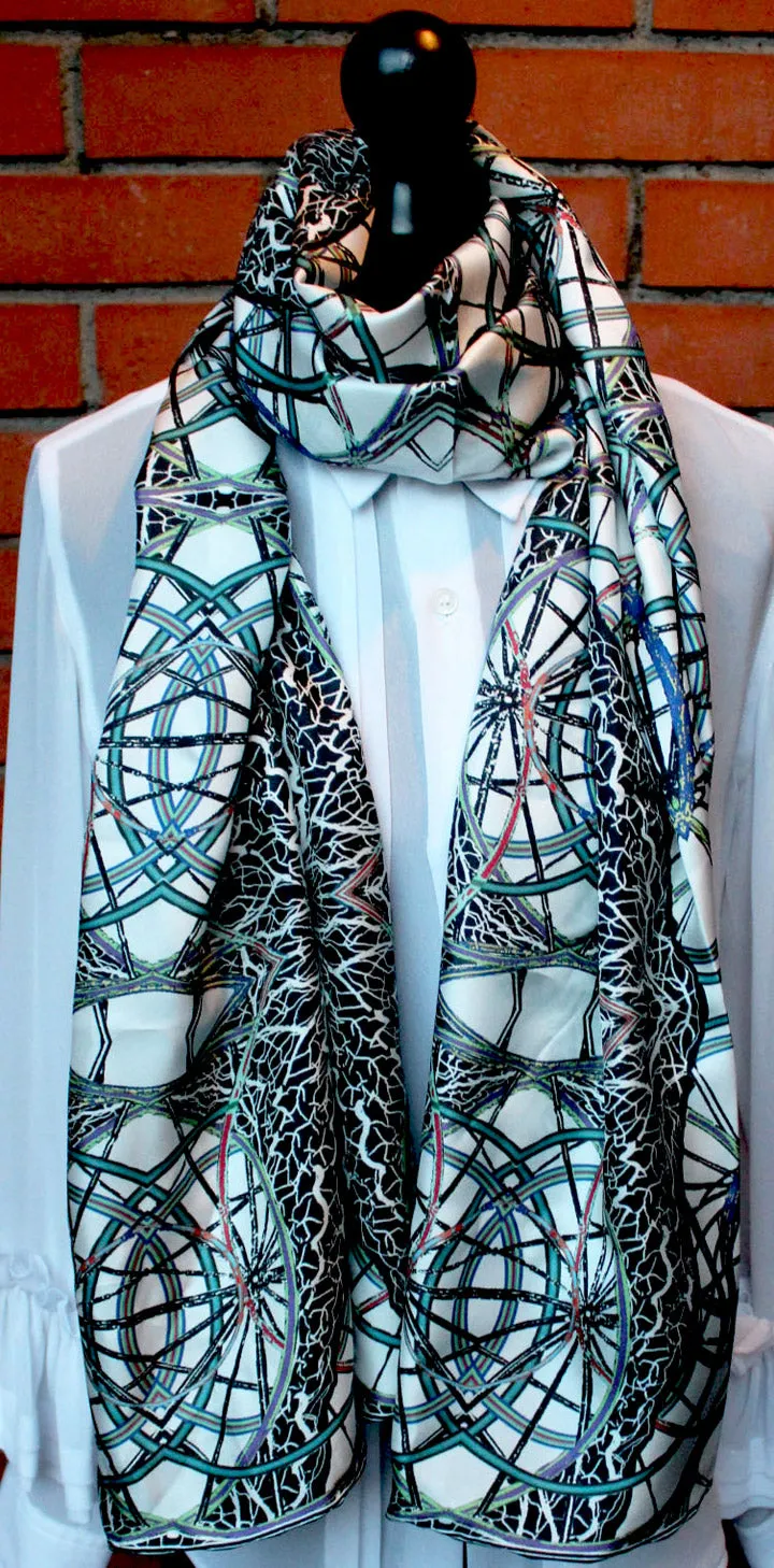 'Juggling Wheels' 100% Silk Twill, Long Rectangular Scarf