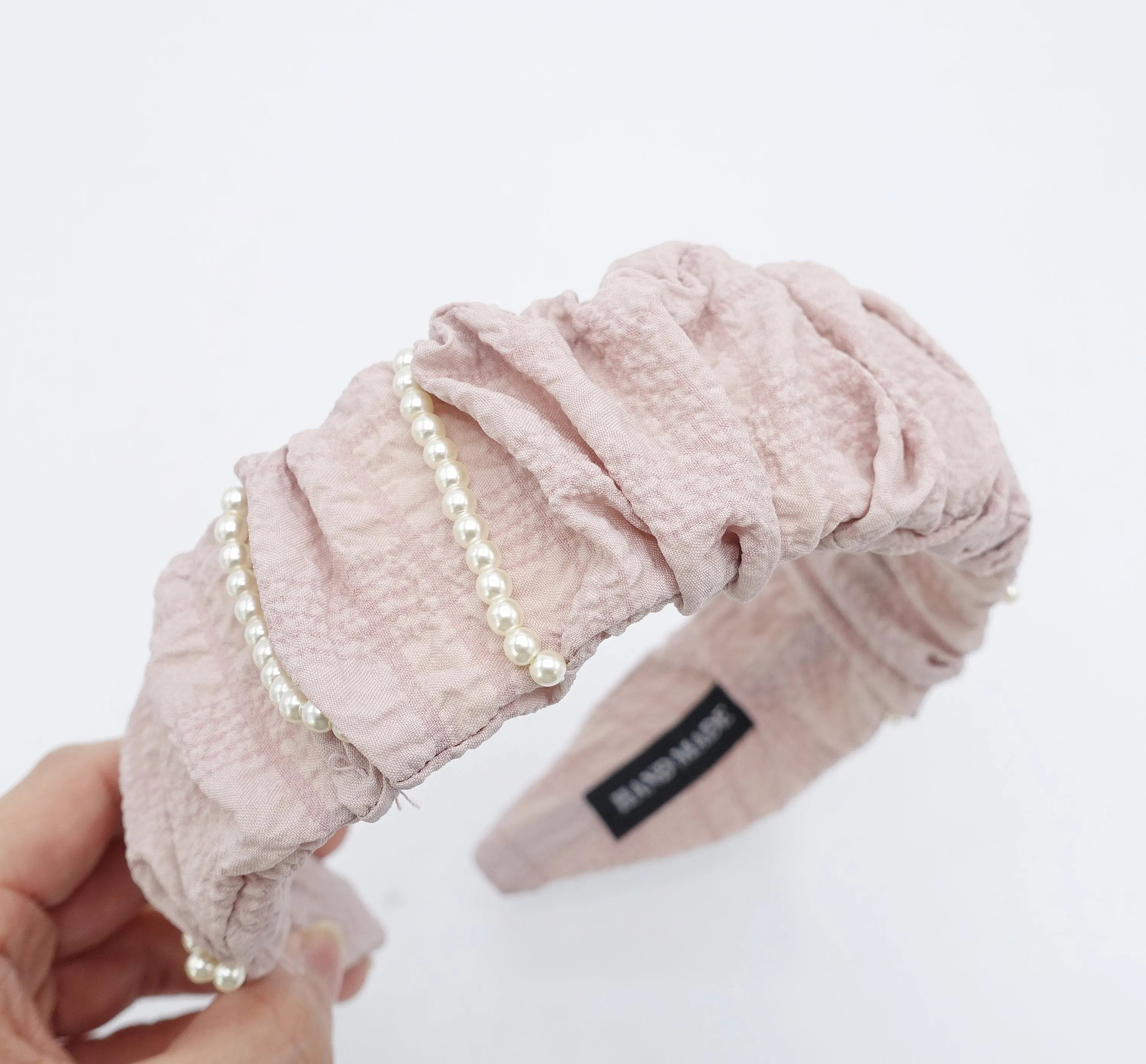 pleated headband pearl beaded ornaments embellished hairband  crinkled fabric hair accessory for women